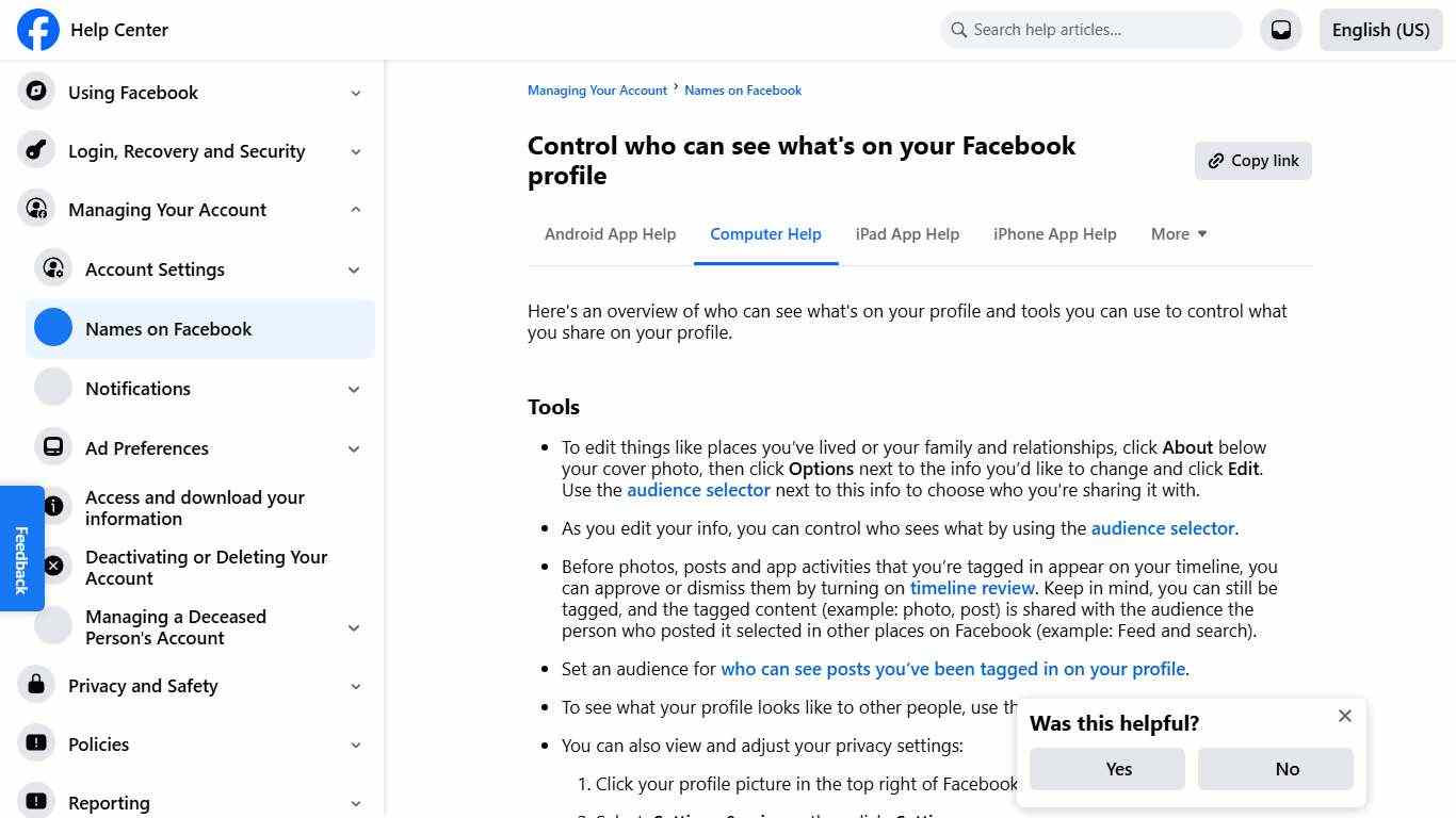 Control who can see what's on your Facebook profile Facebook Help Center